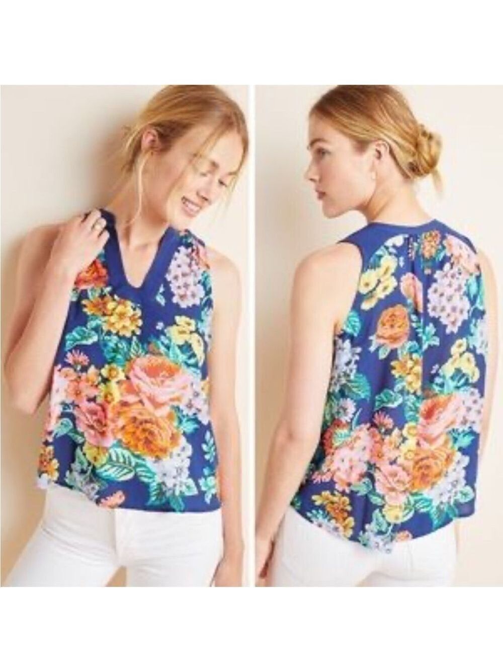 Anthropologie Maeve Melange Blue Floral Sleeveless Top Shirt Blouse Size 2